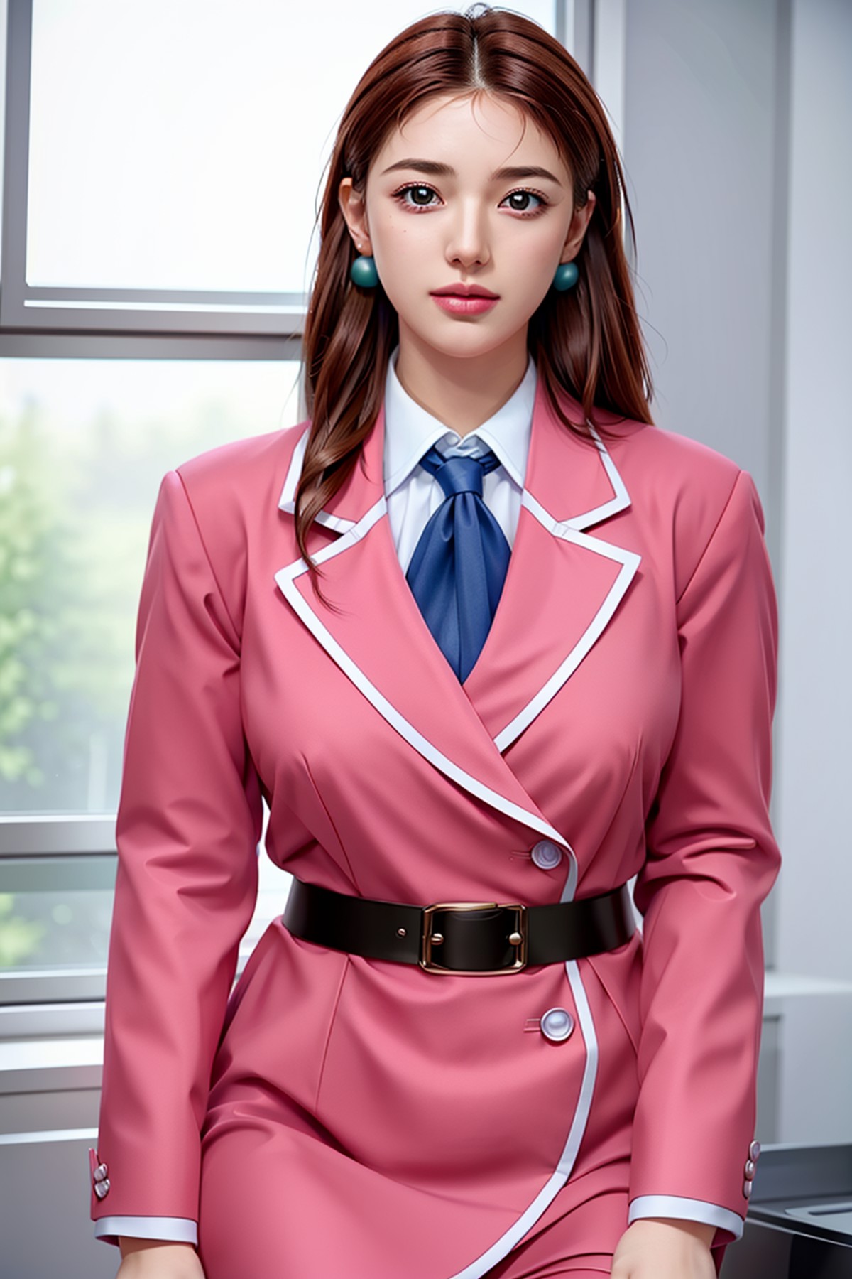 (day),school,classroom, windows,
dynamic pose, standing at attention,
pink pencil skirt, pink jacket,collared shirt, white...