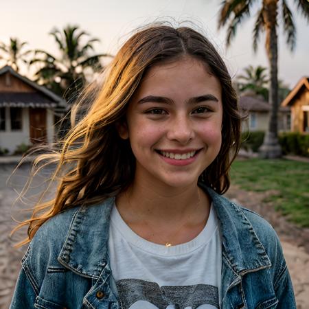A cinematic ((full body))of a joyful young teen wearing purple clothes, standing in a foggy village landscape during golden hour. The lighting is soft and warm, with glowing sunlight piercing through light morning fog, creating natural volumetric light and dreamy depth. The teen has realistic human skin with visible, subtle pores, slight imperfections, and highlights that reflect golden light — giving a natural, Instagram-worthy glow. The face is slightly asymmetrical, with different facial features that add to the realism. Eyes reflect natural light and surrounding scenery, and the hairstyle is cute and authentic, slightly tousled by a gentle breeze.

The background features rustic village elements like small houses, palm trees, and dusty paths softened by fog. The color grading is extreme and cinematic — deep purples, warm oranges, desaturated greens, and high contrast shadows with lifted highlights. The photo has a shallow depth of field with bokeh in the background, simulating a DSLR or ‘Shot on iPhone’ look. The expression shows genuine joy, a wide smile with emotion captured naturally. Style: ultra-realistic, golden hour magic, high-detail close-up, subtle lens flares, film-like texture, emotionally resonant.
