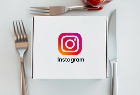 photo of a white box with instagram logo, ((photography of square white box)) , ((centered subject)) , eye-level shot, direct angle, fork and knife, ketchup bottle, top_down , Advertising Style,