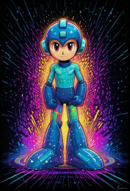 Megaman, proud face, dynamic pose, in the style of golden glitched rainbow. Snow is falling as holographic colored baroque geometric patterns float around the canvas in the style of colorful digital art. The image has a cyberpunk aesthetic with a glitchy distortion and psychedelic color palette. Black background, neon lights, glitch art, surrealism, high contrast, vibrant colors, psychedelic patterns, ethereal glow. The overall mood should be one of spiritual contemplation and otherworldly beauty. It's like something in the style of science fiction.Rockmegamen, Cartoony, cartoony, By Ardidon