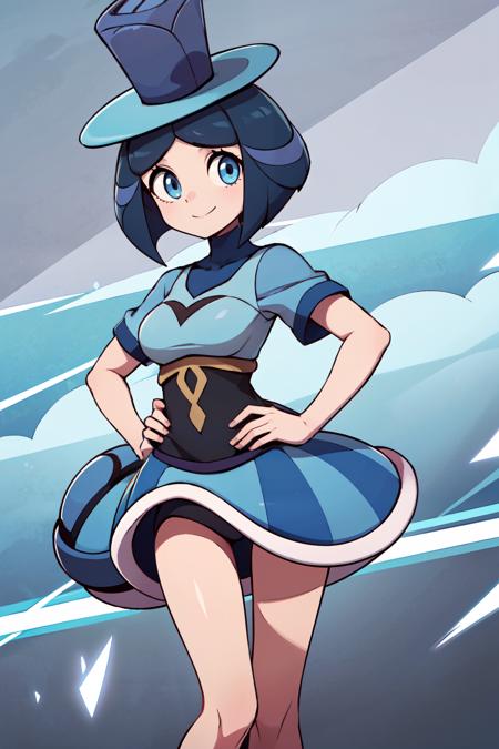 zzEvelyn, blue eyes, blue hair, short hair, bangs,  zzEvelyn, blue eyes, blue hair, short hair, bangs, blue top hat, blue dress,