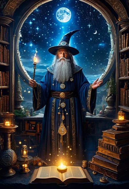In a grand, ancient tower filled with dusty tomes and magical artifacts, a venerable wizard stands with a majestic presence, his long, grey beard flowing down to his waist and his eyes twinkling with ancient wisdom, atop his head rests a tall, pointed hat adorned with mystical symbols and runes that shimmer in the candlelight, he wears a deep blue robe embroidered with silver stars and moons, holding a gnarled staff topped with a glowing crystal, the room around him is filled with shelves of ancient books, bubbling potions, and enchanted objects, a large, circular window behind him reveals a night sky filled with stars and a glowing crescent moon, casting a serene glow over the scene, magical orbs of light float in the air, illuminating the intricate carvings and sigils on the walls, the air is thick with the scent of old parchment and herbs, as the wizard prepares to cast a powerful spell, his expression one of focused determination and profound knowledge.
