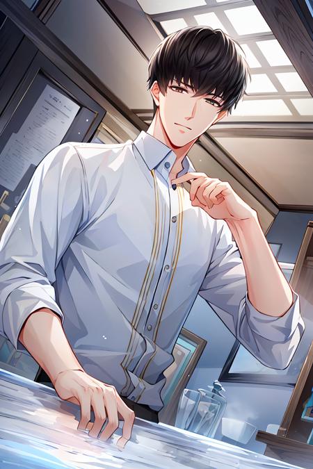 ((high_quality, distinct_image)), masterpiece, extremely_detailed_CG, overexposure, illustration, fair skin, 1boy, solo focus, short hair, xumo, looking at viewer, perfect_face, handsome, beautiful_detailed_hair, from_below, indoors, light smile, dynamic_pose, full_body