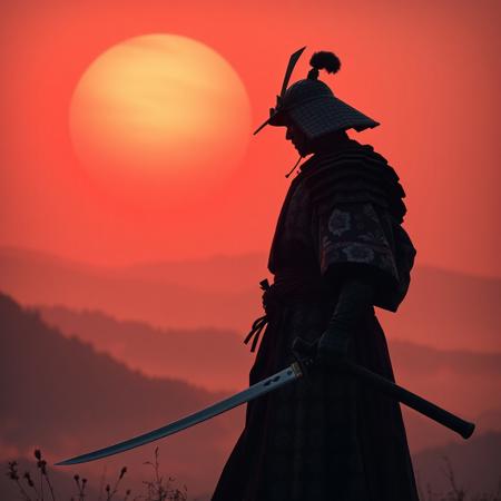 a samurai is standing on a mountain, the sun is red, super focus on male, the samurai is holding a sword in the right hand, , superrealistic