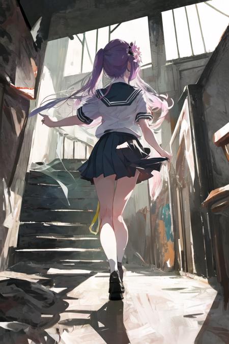 art by Cornflower, dreamy, full body
(masterpiece, best quality, ultra-detailed, illustration, 1girl, solo, scared, climbing, dark, dimly-lit, spiral staircase, cute ghost, cute monster, cute youkai, holding onto railing, looking behind, idling, trembling, long hair, school uniform, anime, ghost, horror, re:zero, nichijou, demon_slayer)