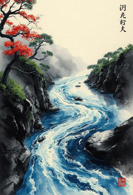 The Earth flows backwards down a great river and floats on its surface.
Japanese art style, Japanese ink painting, 
best quality, sharp focus, high contrast, colorful, ultra quality, 8k, best quality,