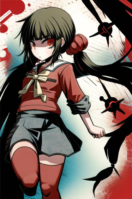 <lora:HakikaStyle:1>, 1girl,  <lora:MakiDG:1>, schoolgirl uniform, red eyes, twintails, red scrunchie, 1girl, red legwear, fist up,