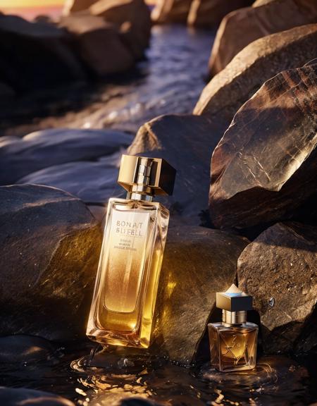 anse,Men's perfume, rocks, water, bright light,octane render, unreal engine, film grain, bokeh, blur foreground, blur background,gradient background,blur