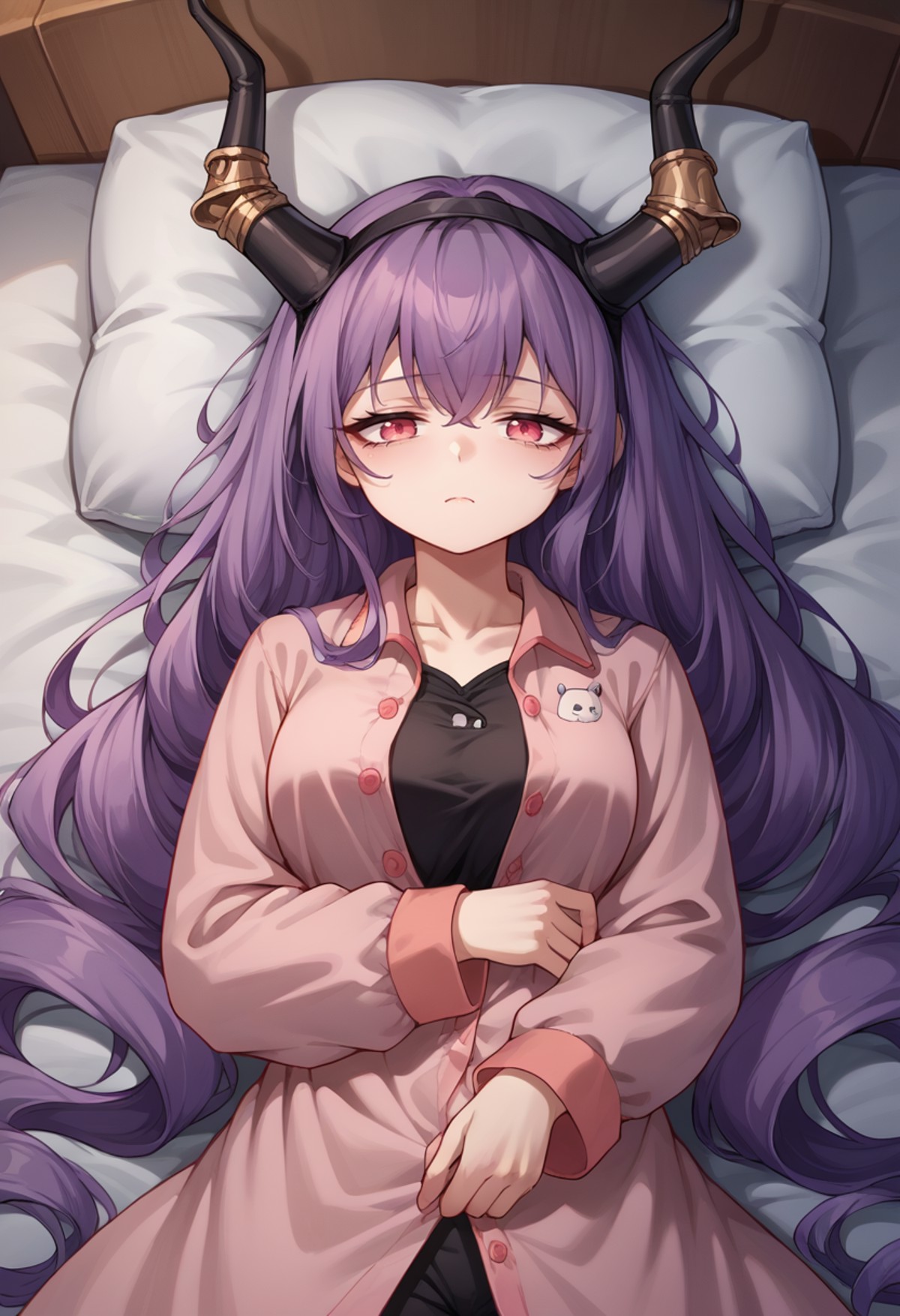 score_9, score_8_up, source_anime, 1girl, solo, TyphonArknights, very long hair, drill hair, black hairband, horns, on bed...