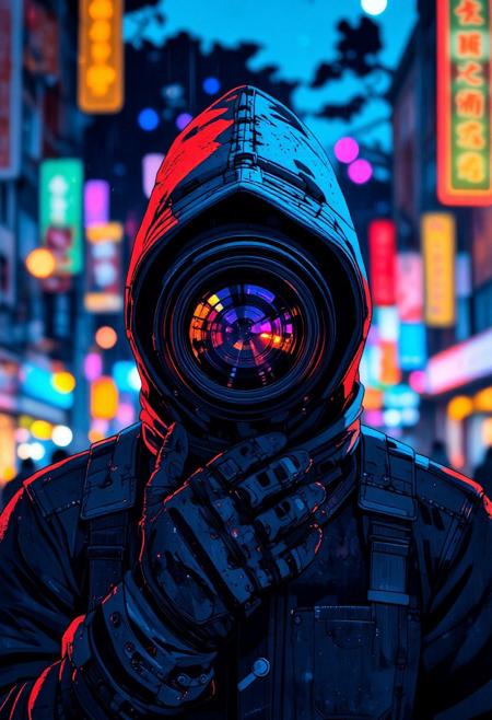 A mysterious hooded photographer stands in the heart of a neon-lit city at night, his face completely obscured by the large camera lens aimed directly at the viewer. The hood casts deep shadows over his face, making the glowing reflections in the lens the only visible aeyes.a The background is an explosion of vibrant bokeh lightsasoft, blurred circles of electric blues, neon pinks, fiery oranges, and deep purples from the bustling urban streets. Raindrops glisten on his jacket, catching the city lights. His gloved hands grip the camera firmly, the lens reflecting distorted images of the chaotic metropolis behind him. The scene is cinematic, evoking mystery, intrigue, and the feeling of being watched yet unseen.