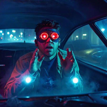 A stunning impactful action documentary photograph ,the drug addicted Cyclops is shooting lasers from his eyes at a car. cheap store bought, poorly made superhero costume. foggy, neon lit, dark futuristic dystopian street.  cinematic still, Leica M3, Kodachrome, 28mm lens, 1970s street photography, 
badquality, low quality, Movie Still, Film Still, Cinematic, Cinematic Shot, Cinematic Lighting