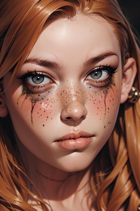 ru1n3dm4k3up, ruined makeup, mascara tears,<lora:ru1n3dm4k3up:0.7>  <lora:detail_slider_v4:1> <lora:Fr3ckles:0.7> Fr3ckles, freckles, ginger hair, medium breasts, long hair,  grey eyes, <lora:weight_slider_v2:0.8> solo, portrait,  <lora:age_slider_v6:0.8>