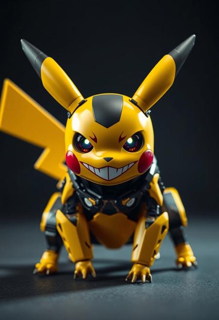 A professional photo of a sleek mechanical pikachu with a sinister expression and a wicked grin. He stands on all four legs, low to the ground and ready to pounce, looking at the camera with glowing eyes that emit electricity.
