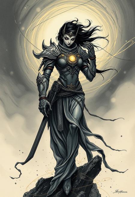 A mystical warrior emerging from a swirling cosmic void, their armor a fusion of ancient textures and glowing futuristic energy,
minimalist surrealism, delicate black ink linework, soft painterly dreamscape, emotional storytelling, abstract feminine figures, flowing organic shapes, poetic yet eerie atmosphere, dreamlike psychological depth, reality blending into the subconscious, surrealist introspection