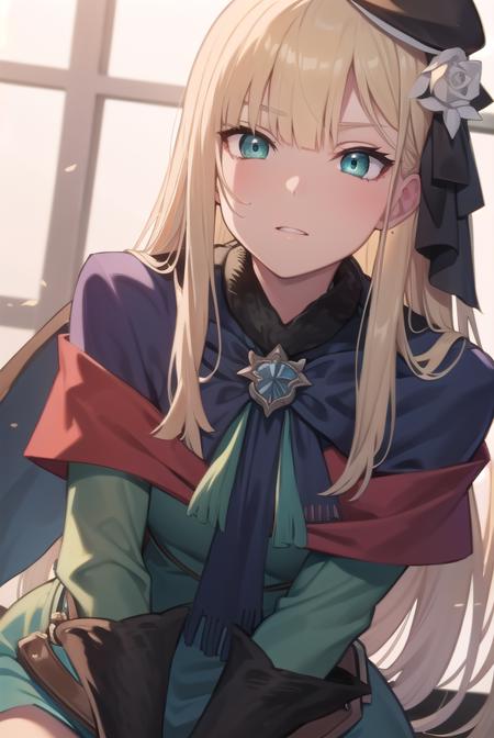 fgoreines, <lora:reines-lora-nochekaiser:1>,
reines, blonde hair, (green eyes:1.5), long hair, bangs, blunt bangs, (small breast:1.2),
BREAK beret, black headwear, black ribbon, blue dress, brown gloves, dress, flower, fur collar, fur trim, fur-trimmed sleeves, gloves, hair flower, hair ornament, hair ribbon, hat, long sleeves, ribbon, rose, tilted headwear, white flower, white rose,
BREAK looking at viewer,
BREAK indoors,
BREAK <lyco:GoodHands-beta2:1>, (masterpiece:1.2), best quality, high resolution, unity 8k wallpaper, (illustration:0.8), (beautiful detailed eyes:1.6), extremely detailed face, perfect lighting, extremely detailed CG, (perfect hands, perfect anatomy),