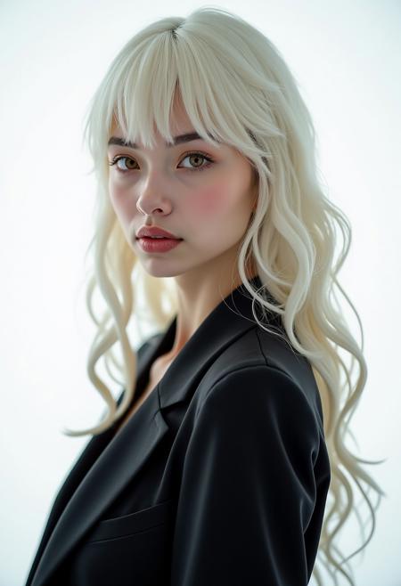 Full shot of Ukico, she is  euro-japanese french girl, albino, Dark suit, erotic expresión, hot, natural breast, honey eyes,  naturally beautiful, studio natural makeup, studio photography style, white background,