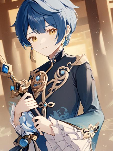 <lora:xingqiu:1>,solo,1boy,holding,weapon,male_focus,xingqiu_\(genshin_impact\),blue_hair,long_sleeves,yellow_eyes,bangs,looking_at_viewer,jewelry,smile,earrings,closed_mouth,frilled_sleeves,vision_\(genshin_impact\),short_hair,chinese_clothes,