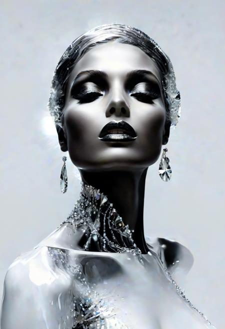 Imagine diamond-like caustic light shining on a blacl model,strong contrast,high-end feel,fashion cover,<lora:Jelena Kevicæµéè²å½©æç»é£æ ¼_v4.0:0.9>,<lora:SDS_GLASS_FLOW_v1.0:0.7>,<lora:ç²å­æ°´è±XL:0.3>,acid art,white background,