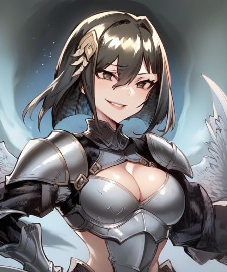 <lyco:ZuntaStyle-NAI-LyCORIS:0.8>1girl, solo, breasts, armor, shoulder armor, short hair, hair over eyes, pauldrons, bikini armor, smile, head wings, parted lips, cleavage, bob cut, upper body, hair ornament