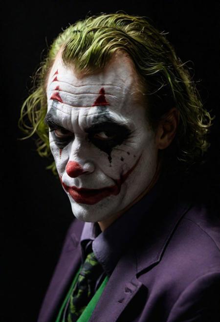 Close-up, (THE JOKER   ), grim smile, relaxed pose, portrait movie shot, serious, menacing, chiaroscuro style photo, dark background, minimalism, dramatic lighting, professional quality, dull highlights and shadows, natural and  original,