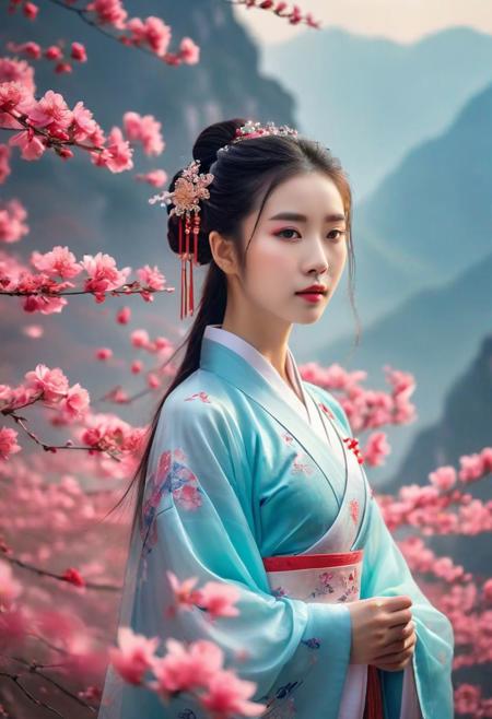 A very beautiful young woman wearing traditional Chinese clothing, Hanfu, very beautiful, fairy spirit, surrounded by petals, on the mountain, cinematic texture, ultra high quality, 4K, outstanding, detailed, full body According to