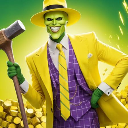 anime artwork of  <lora:jim carrey the mask:1.2>
jim carrey the mask in a yellow suit and hat holding a barrel shaped hammer, anime style, key visual, vibrant, studio anime,  highly detailed