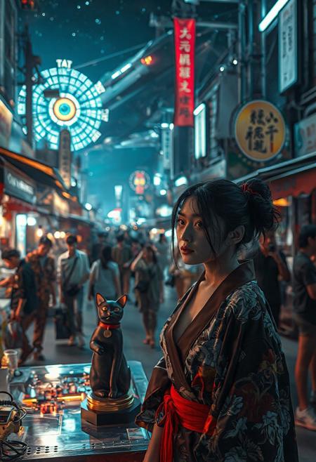 Setting is a futuristic cyberpunk street market at night, the market is comprised of street vendors selling robot parts, food, weapons, and robots. People wearing futuristic cyberpunk clothing are walking through the street market shopping and eating, A sleek black cat with red collar sits on a cluttered metal riveted desk with transparent top and micro-LED lighted computer components visible inside, On the desk is an ebony and gold maneki neko statue and futuristic art deco lighting, (((a beautiful woman, 24 years old, is standing in the foreground FACING THE VIEWER, she has an expression of interested curiosity)))))), the sleek black cat with red collar is sitting on the desk and watching the people walking by in the busy street market, the woman is dressed in futuristic cyberpunk Japanese style yukata with a plunging neck line alluring but Japanese classic aesthetic. An enormous art deco inspired starship with futuristic lighting and an enormous space station are visible in the background among the stars, The woman's hair is elegantly tied up with a ribbon. Artistic cyberpunk, dynamic perspective, (((overall architectural aesthetic is Art Deco Cyberpunk))).  Epic image that elicits a feeling of wonder and awe, CLASSICALLY STYLIZED LIGHTING AND ARCHITECTURE FROM CHINA INDIA JAPAN FRANCE EGYPT ROME AND GREECE,