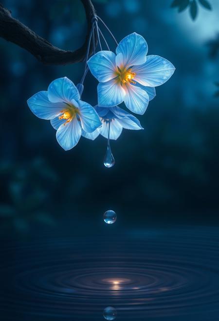 <lora:Anime_Scenery_style_v.1:0.8> AnimeScenery style. Three luminous rainbow blossoms float like starlight on a gnarled branch, their delicate petals glowing with soft gradients of sapphire and cerulean as golden stamens sparkle against the velvety shadows of a moonlit forest. Suspended beneath the lowest leaf, a crystal drop of dew descends in slow motion, just above a still, obsidian pool where gentle ripples radiate outward in concentric rings of pale light. The background fades into deep cobalt and indigo, with bokeh glimmers hinting at unseen foliage in a dreamlike haze. Rendered in ultra-high detail with a shallow depth of field and soft overhead lighting, the scene balances surreal botanical elegance with a quiet aquatic atmosphere. A complementary palette of cool blues and warm gold punctuates the darkness, while the composition's vertical symmetry draws the viewer's eye from blossom to droplet to ripple, creating a meditative, weightless moment frozen in enchanted stillness.