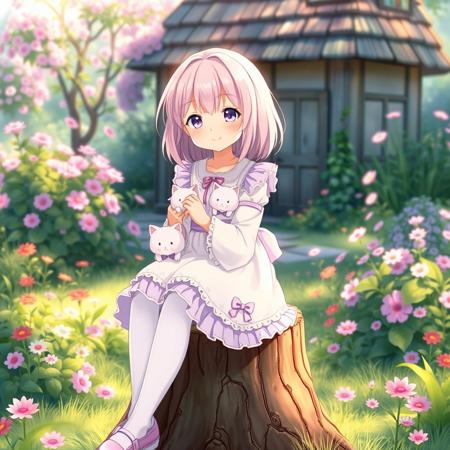 light-pink-haired girl, anime style, sitting on a tree stump in a vibrant, pastoral setting.  Light-skinned.  Wears a white, light-purple, and light-lavender-colored dress, featuring decorative embroidery and ruffles.  The dress has a light-purple underlay and a light-lavender-colored waistband with a bow; white stockings and light-purple shoes.  Soft, gentle smile, expressing happiness and calmness.  Light-pink hair, short bob cut, with slightly visible white-colored highlights.  She holds two small white cat-like creatures in both of her arms.   Soft, gentle lighting creates a warm atmosphere, bathed in a soft, diffuse light, with visible natural shadows.  The backdrop features a lush, blooming garden with various shades of pink, purple, and green flowers.  A quaint, rustic-style house with a rounded roof is in the background, adding to the idyllic setting.  Composition is centered on the character, with a slightly high-angle perspective emphasizing her posture and gentle pose.  Soft, pastel colors dominate the entire scene, creating a serene and cheerful mood.  Anime style, with detailed floral patterns on the dress, delicate textures in the plants.  The image has a calm, relaxed, and sweet mood.  The scene is vibrant, yet soft, with a slightly dream-like quality. Girl in game scene, making pulls.
