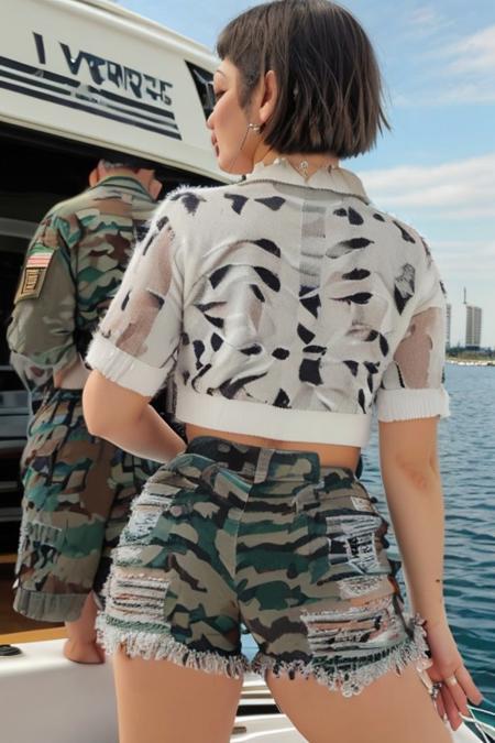 NSFW, short hair, chubby big titted woman woman standing on yacht wearing army shorts , (white bra:1.4),     <lora:detail_slider_v4:2>  <lora:PerfectFullBreasts-fCV3.5:1> <lora:Army_Shorts_LoRA-000001:1>