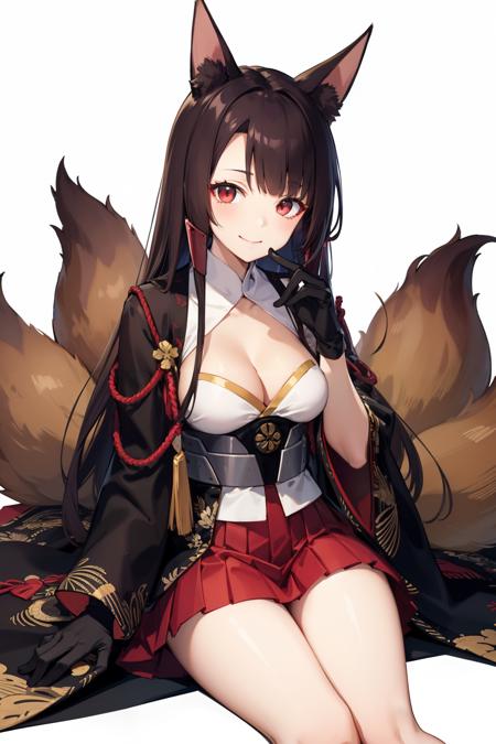 <lora:akagi-08:1>akagi(azur lane), 1girl, kimono, red skirt, japanese clothes, brown hair, animal ears, white background, smile, clothing cutout, multiple tails, long hair, fox shadow puppet, closed mouth, fox tail, hakama short skirt, black kimono, cleavage cutout, skirt, simple background, solo, red eyes, gloves, fox girl, looking at viewer, cleavage, tail, wide sleeves, fox ears, hakama skirt, hakama, pleated skirt, black gloves, sitting