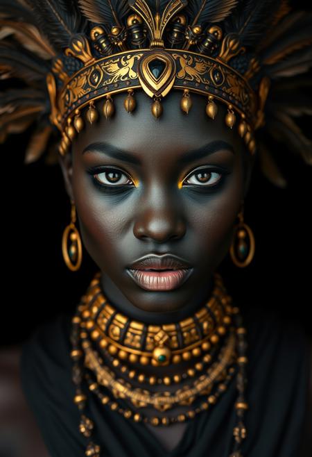 close up shot, front view of a Beautiful african warrior queen, tribal armour,feathers, tribal necklaces, black skin, golden makeup, sensual, erotic, sensual lips, flirty look on face, black clothes, Low saturation color photography, vintage, grunge, top light, masterful piece in the style of Oleg Dou photography, black background