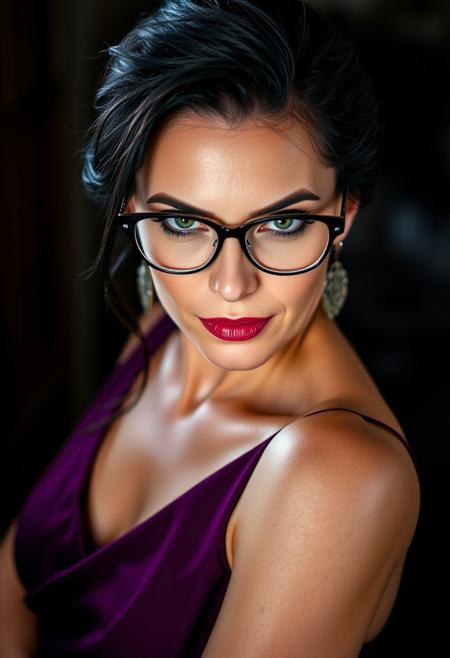 A captivating, elegant, and dominant 45-year-old Caucasian woman, exuding confidence and allure. She has long, flowing black hair styled in a sophisticated updo, framing her face and drawing attention to her piercing green eyes. Her gaze is intense, locked onto the viewer with a sensual, sure-of-herself expression. She wears a pair of elegant, intellectual glasses that enhance her allure. Her makeup is professionally applied, emphasizing her natural beauty with a touch of sophistication. She is dressed in a form-fitting, deep purple, sexy, yet elegant dress that accentuates her gorgeous curves. The lighting is dramatic, casting shadows and highlights that emphasize her confident and alluring persona.