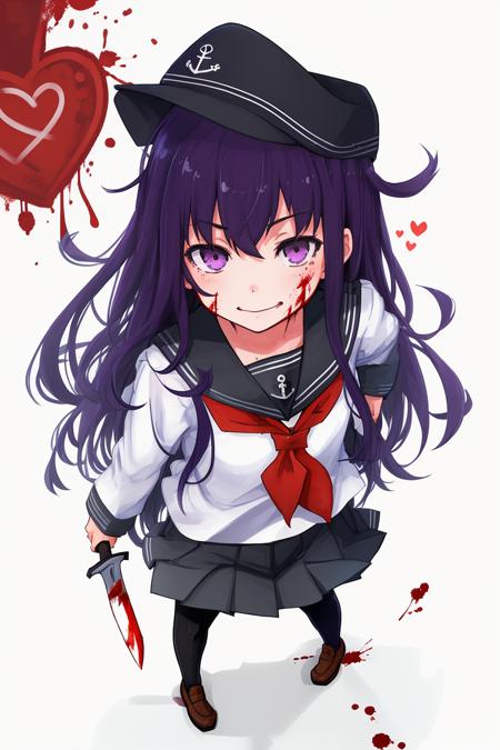 masterpiece, best quality,1girl, solo, long hair, akatsuki,yandere,(empty eyes), hat, pantyhose, school uniform, serafuku, skirt, purple eyes, hair, black pantyhose, neckerchief, purple eyes, red neckerchief, pleated skirt, anchor symbol, looking at viewer, shoes, flat cap, loafers, standing, full body,from above,holding weapon,knife,evil smile,blood on knife,blood on face,heart, <lora:xiao:1>