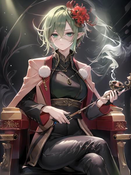 masterpiece,best quality,highres,cinematic lighting,dramatic angle,1girl,green hair,green eyes,hair flower,pointy ears,<lora:ShadowverseMagachiyoV3-000017:0.8:lbw=mgcy>,black suit,sitting,legs crossed,family crest,holding smoking pipe,smoke,depth of field,necklace,looking at viewer,depth of field,expressionless,shaded face,from below,black pants,<lora:add_detail:0.25>