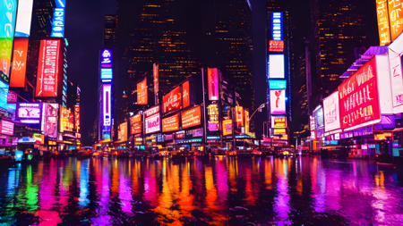 skyscrapers at night, view from the street, rain, water drops on camera, futuristic city centre, cyberpunk, neon lights in background, purple neon, orange neon lights, cyan neon lights, colorful galaxies and stars behind skyscrapers, highly detailed