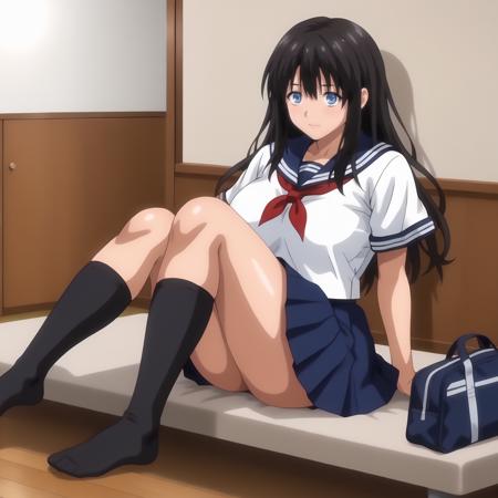 KaoriKitamura,1girl,black hair,long hair,blue eyes, large breasts, serafuku,white shirt,red_neckerchief,short_sleeves, pleated_skirt,blue skirt, black socks, sportswear,white dress,cleavage,sleeveless, mini skirt,