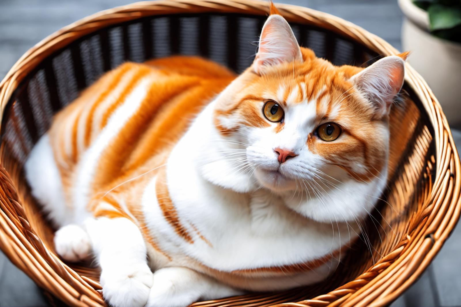A cute orange and white cat sitting in a wicker basket.