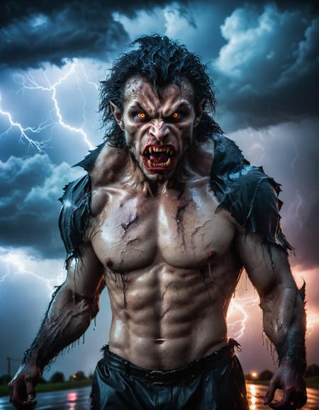 award winning horror-themed photograph, werewolf vampire, ominous, hostile, night, gloomy, shadows, clouds, storm, lightning, rain, wet, cold colors, 8k resolution  <lora:xl_more_art-full_v1:0.8>