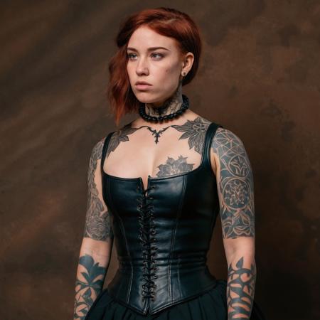 RAW full body analogue photo of a beautiful 20 years old woman, clear focus, 8K,__Random_Woman__,perfect face, sexy pose, wearing, Voluptuous, curvy goth mistress. Short skirt, corset, choker. Black hair, black lips. (((Skin covered in tattoos:1.5))). Picture taken from side flirty, sensual, highly detailed perfect eyes, detailed eyes, detailed iris, realistic skins absolute perfect tits, soft tits, natural tits, medium breasts (sexy thicc body) ,low light, soft natural light, Rembrandt style light, Hasselblad DLSR camera, 200mm Zeiss lens, f/2.8, ,Sexy pose, erotic pose, exhibitionism