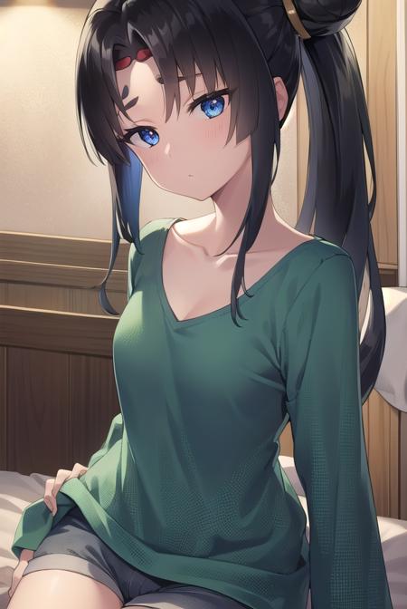 ushiwakamaru, <lyco:ushiwakamarupinta-lyco-nochekaiser:1>,
ushiwakamaru pinta, long hair, bangs, blue eyes, black hair, very long hair, sidelocks, hair bun, side ponytail, parted bangs,
BREAK shirt, collarbone, shorts, green shirt,
BREAK indoors, bed,
BREAK looking at viewer, (cowboy shot:1.5),
BREAK <lyco:GoodHands-beta2:1>, (masterpiece:1.2), best quality, high resolution, unity 8k wallpaper, (illustration:0.8), (beautiful detailed eyes:1.6), extremely detailed face, perfect lighting, extremely detailed CG, (perfect hands, perfect anatomy),