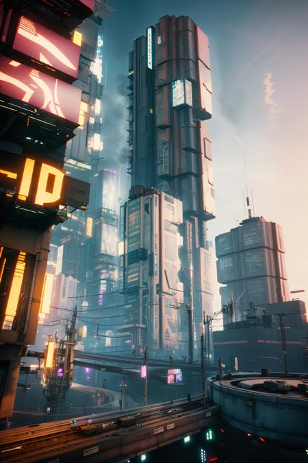 a city with a train on the tracks and a lot of tall buildings in the background with a sky line, Cedric Seaut (Keos Masons), unreal engine 4k, a detailed matte painting, retrofuturism , 2077_Style