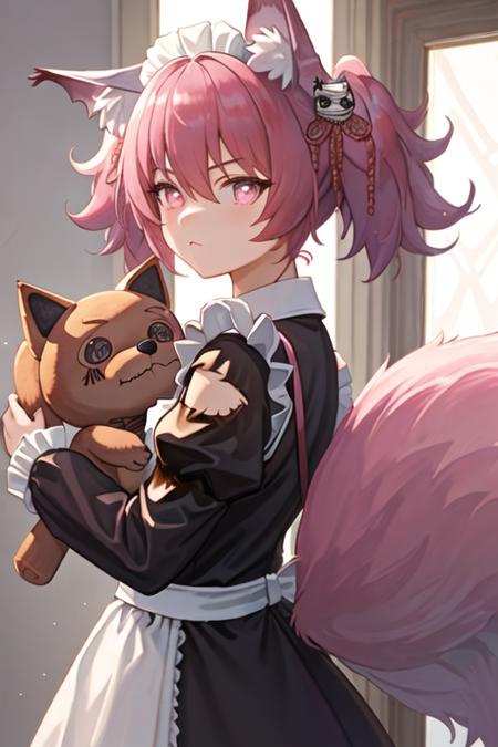 best quality, masterpiece, highres, solo, {maid:1.40}, {long maid dress:1.15}, {shamare_arknights:1.15}, animal_ears, animal_ear_fluff, fox_ears, twintails, bangs, pink_hair, hair_between_eyes, hair_ornament, pink_eyes, closed_mouth, fox_girl, tail, symbol-shaped_pupils, fox_tail, upper_body, stuffed_toy