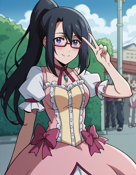 riko izumi, black hair, purple eyes, ponytail, glasses, semi-rimless eyewear, sidelocks, hair between eyes, medium breasts, shirt, bow, school uniform, white shirt, striped, bowtie, blue bow, striped bow, striped bowtie, skirt, blue skirt, plaid skirt, pleated skirt,