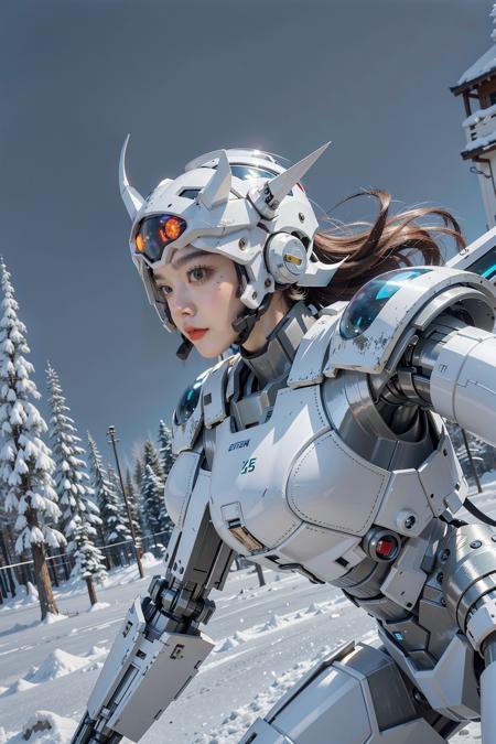 1 girl,<lora:A-RandomSuper[mecha musume,mechanical parts,super robot joints,headgear,full armor]:0.7>mecha musume, mechanical parts, super robot joints, full armor,headgear, Sapporo: The city of Sapporo in winter is like a beautifully crafted crystal painting. The entire city is covered in snow, presenting a breathtaking view of silver purity. The enormous snow sculptures of the Sapporo Snow Festival shimmer under the night lights, resembling ethereal spirits of the icy world. The historic architecture of the Sapporo Beer Museum stands tall in the snow, emanating an aura of rich history.,Hidden waterfall in a lush rainforest, The assault of the ski speeders: A group of speeders streakingacross the white snow with red minerals, in the distant sky, a fierce space war is about to break out, and these warriors are about to rush into the center of the fire.