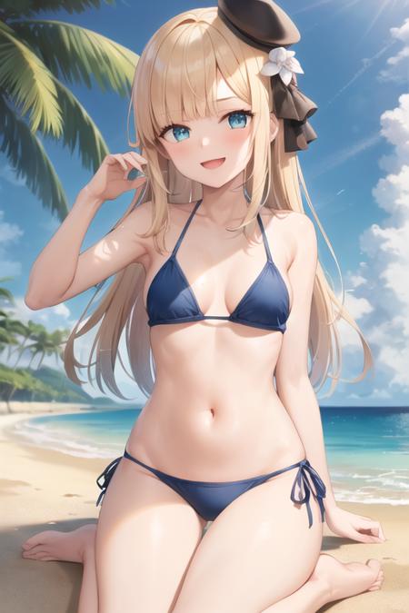 1girl, solo, masterpiece, best quality, <lora:reines:0.7>, reines, swimsuit, bikini, breasts, outdoors, smile, hat, navel, day, looking at viewer, collarbone, beach, blue bikini, palm tree, bare shoulders, tree, small breasts, sky, flower, sitting, side-tie bikini bottom, yokozuwari, barefoot, blush, blue sky, cloud, bare arms, ocean, open mouth, blue headwear, untied bikini, tilted headwear, ribbon