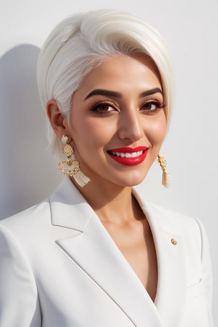 white theme,
iranian woman, portrait, smile, laugh, close mouth,
(upper body, bust shot, looking away:1.1),
white hair, hair over one eye,
white lipstick,
white suit,
white wall, white background
embedding:DV_Manuela_Vicious
<lora:HairOverOneEye_LOCO_s:2.75>, <lora:breastsizeslideroffset:0.25>,<lora:skin_tone_slider_v1:+1.0>