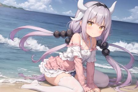 kanna, dragon_girl, <lora:Kanna_v1-000008:0.5>, 1girl, solo, (masterpiece),(best quality), (absurdres),(highres:1.1), outdoors, ocean, beach, horizon, cloudy sky, ((1girl)), hifumi \(blue archive\), (solo), sitting, (panties under pantyhose), white panties, looking at viewer, school uniform, pleated skirt, (halo), low twintails, collarbone, light brown hair, yellow eyes, (black pantyhose:1.2), light smile, blush