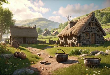 the day in the day of Celtic barbarians home life in the settlement . High Definition 64K, Detailed and Intricate, Digital Art, Photo, Realistic, Cinematic, Studio Lighting, Beautiful Lighting, landscape view