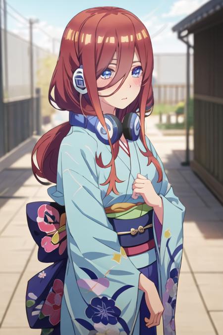 best quality, masterpiece, highres, solo, {nakano_miku_gotoubunnohanayome:1.15}, long_hair, brown_hair, bangs, hair_between_eyes, blue_eyes, headphones_around_neck, headphones, blush, closed_mouth, shiny_hair, 1girl, blue_kimono, japanese_clothes, kimono, mask, mask_on_head, yukata